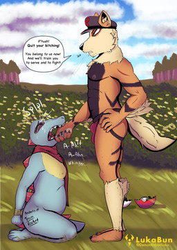 bdsm bodily_fluids body_writing bondage bound clothing crying dialogue dominant dominant_male duct_tape duo forced jockstrap male nipples outside profanity slightly_chubby spit_on_face spitting submissive submissive_male tape tears text tododile underwear writing_on_butt lukabun nintendo pokemon arcanine generation_1_pokemon generation_2_pokemon pokemon_(species) totodile absurd_res english_text hi_res