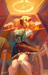 alcohol anthro beer beer_mug beverage black_nose blonde_hair breasts chandelier clothing detailed_background dress eyebrows female front_view fur green_eyes group hair legwear long_hair public stockings tan_body tan_fur waiter waitress_uniform white_clothing white_legwear darkiri suki_wolfram canid canine canis domestic_dog german_shepherd herding_dog mammal pastoral_dog 2021 absurd_res artist_name digital_media_(artwork) hi_res