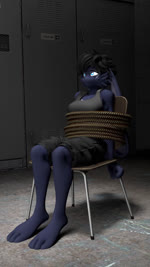 anthro barefoot black_bottomwear black_clothing black_hair black_shirt black_shorts black_tank_top black_topwear blue_eyes blue_pawpads bottomwear bound breasts buckteeth captured chair cheek_tuft clothed clothing facial_tuft feet female fur furniture hair locker_room open_mouth pawpads purple_body purple_fur rope shirt shorts sitting small_breasts solo tank_top teeth tied_to_chair topwear tuft conditional_dnp domibun warfaremachine_(modeler) domi_(domibun) lagomorph leporid mammal rabbit 3d_(artwork) 9:16 animated digital_media_(artwork) english_audio hi_res short_playtime sound source_filmmaker_(artwork) webm