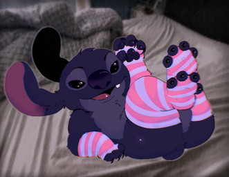 anthro armwear balls bed black_eyes blue_body blue_fur butt clothing elbow_gloves feet femboy fur furniture genitals gloves handwear legs_up legwear male pattern_clothing pattern_legwear photo_background seductive solo stockings striped_clothing striped_legwear stripes freakpaws disney lilo_and_stitch stitch_(lilo_and_stitch) alien experiment_(lilo_and_stitch) draw_over hi_res mixed_media photography_(artwork)