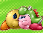 alien ambiguous_gender belly big_belly blush bodily_fluids box_xod crossover dinosaur duo green_background green_yoshi keeby kirby kirby_(series) low_res mario_bros nintendo pregnant prehistoric_species reptile scalie simple_background sweat yoshi