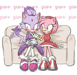 anthro blush clothing duo female female/female footwear fur furniture gloves hair handwear motion_blur ponytail purring shoes simple_background sitting sofa text thin_calves roastedgarlics2 sega sonic_the_hedgehog_(series) amy_rose blaze_the_cat eulipotyphlan felid feline hedgehog mammal english_text hi_res