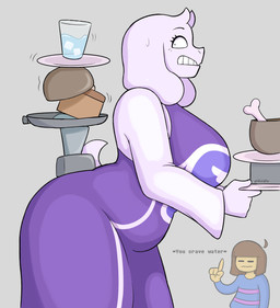 ambiguous_gender anthro balancing_object big_breasts big_butt blue_clothing blue_shirt blue_topwear bodily_fluids bone bowl breasts brown_hair butt clothed clothed_anthro clothed_female clothed_human clothing container cup delta_rune_(emblem) dress duo eyelashes female female_focus fur glass glass_container glass_cup hair mature_female motion_lines nervous pattern_clothing plate shirt side_view slightly_chubby slightly_chubby_anthro slightly_chubby_female striped_clothing stripes sweat sweatdrop symbol teeth thick_thighs topwear tray water white_body white_fur wide_eyed wide_hips yellow_body yellow_skin young young_human sketchfins undertale undertale_(series) frisk_(undertale) toriel boss_monster_(undertale) bovid caprine goat human mammal 2025 absurd_res hi_res