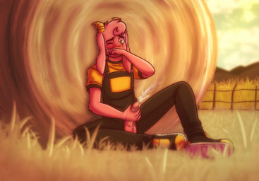 anthro balls bodily_fluids clothed clothing countryside cum ejaculation farm farmer field fur genital_fluids genitals hair hay hay_bale male masturbation overalls partially_clothed pink_body pink_fur pink_hair solo sunset solarlewds lilian_(solarlewds) bovid caprine goat mammal digital_media_(artwork) hi_res