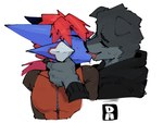 ambiguous/ambiguous ambiguous_gender anthro biped blue_body bodily_fluids clothing duo eyes_closed floppy_ears french_kissing grey_body hair hoodie kissing red_hair simple_background sweat tongue tongue_out topwear white_background goonie-san mythology goon_(goonie_san) rakuo canid canine canis domestic_dog dragon mammal mythological_creature mythological_scalie scalie hi_res signature