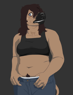 anthro biped black_body black_clothing black_fur black_shirt black_tank_top black_topwear blue_eyes bodily_fluids body_hair bottomwear brown_body brown_fur brown_hair clothed clothing denim denim_bottomwear denim_clothing facial_markings female fur hair happy_trail head_markings jeans markings muzzle_(marking) nervous pants shirt solo sweat sweatdrop tank_top thumb_in_waistband topwear underwear underwear_peeking white_clothing white_underwear oystr brack_(loxiv) black_mouth_cur canid canine canis domestic_dog mammal hi_res