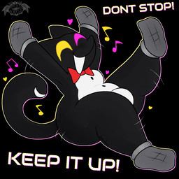 anthro big_bulge big_butt big_chest black_body black_fur bow_tie bulge butt button_(fastener) eyes_closed facial_tuft fur heart_symbol heterochromia male microphone_hands motion_lines musical_note musical_symbol open_mouth red_bow_tie slightly_chubby solo symbol tail tail_mouth text tuft unusual_anatomy unusual_tail wide_hips apollysabyss deltarune undertale_(series) cat_mike_(deltarune) darkner domestic_cat felid feline felis mammal shadowguy_(deltarune) 1:1 english_text hi_res