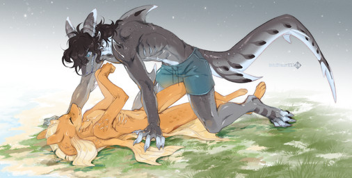 all_fours anthro bared_teeth biped bottomwear casual_nudity claws clothed clothing convenient_censorship duo ear_piercing ear_ring female fin grass happy lying male male/female nature on_back on_ground outdoor_nudity outside paws piercing pinned plant ring_piercing scales shorts shorts_only slim small_waist smile tail teeth topless ishimaurell amphibian aquatic fish hybrid shark 2024 digital_drawing_(artwork) digital_media_(artwork) hi_res signature