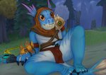 anthro balls_outline bottomwear bulge clothed clothing detailed_bulge forest genital_outline hood loincloth male partially_clothed plant sitting smile smirk solo tree weapon 4yd0_yctahobka dota valve slark_the_nightcrawler fish marine 2020 absurd_res hi_res