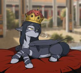 crown female feral fur hair half-closed_eyes headgear headgear_only hooves lying membrane_(anatomy) membranous_wings narrowed_eyes on_front solo tail wings zafara_(artist) hasbro my_little_pony fan_character equid equine horse mammal pony digital_media_(artwork) hi_res