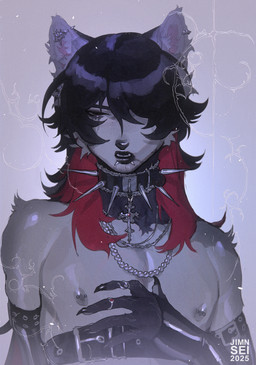 alternative_fashion anthro armband armwear barbell_piercing black_hair black_lips cheek_tuft chest_belt clothing collar ear_piercing ear_ring facial_piercing facial_tuft femboy goth grey_background hair hair_over_eye half-closed_eyes highlights_(coloring) jewelry latex latex_armwear latex_clothing lip_piercing lips long_hair male narrowed_eyes necklace nipple_barbell nipple_piercing nipples piercing red_highlights ring ring_piercing simple_background snakebite_piercing solo spiked_collar spikes stubble stud_piercing tuft jimnsei jimnsei_(character) arctic_wolf canid canine canis mammal wolf hi_res trans_(lore) trans_man_(lore)