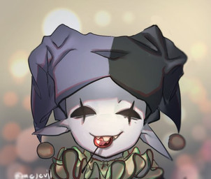 ambiguous_gender candy close-up clothed clothing dessert food hat headgear headwear humanoid_pointy_ears lollipop looking_at_viewer not_furry pointy_ears sharp_teeth smile solo teeth onejevil deltarune undertale_(series) jevil_(deltarune) darkner humanoid imp 2018 detailed portrait