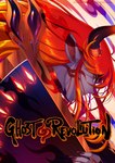 ambiguous_gender claws glistening glistening_hair hair hand_fan holding_fan horn humanoid_hands logo long_hair looking_at_viewer orange_hair solo text yajuuraku ghost_revolution animal_humanoid horned_humanoid humanoid 2020 character_request cover english_text hi_res warm_colors