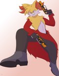 anthro blue_eyes clothing footwear footwear_only grin gun male mostly_nude pistols ranged_weapon shoes shoes_only smile solo weapon yellow_body jordangtxle nintendo pokemon coyote_rico delphox generation_6_pokemon pokemon_(species) 2024 absurd_res hi_res