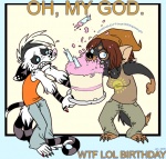 alternative_fashion anthro black_hair blue_eyes bottomwear brown_hair cake candle clothing dessert duo eating female food glamfur goth hair nom om_nom_nom pants shirt short_hair standing tail tank_top teeth text topwear white_hair zeriara american_opossum dasyurid dasyuromorph mammal marsupial tasmanian_devil virginia_opossum 2008 english_text