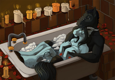 anthro bath breasts bubble candle cuddling duo female flower fur hair horn lying male male/female manly nude piercing plant romantic romantic_ambiance rose_(flower) smile water tropicalpanda mythology dragon equid equine horse mammal mythological_creature mythological_scalie scalie 2014