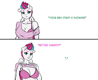 anthro blue_eyes blue_hair bra bra_strap clothed clothing clothing_lift eyebrows female hair multicolored_hair offscreen_character pink_bra pink_clothing pink_top pink_underwear purple_eyebrows purple_hair shirt shirt_lift solo text topwear underwear white_body wings pia-sama hasbro mlp_g5 my_little_pony mythology zipp_storm_(mlp) equid equine mammal mythological_creature mythological_equine pegasus english_text hi_res