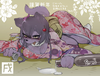 accessory alcohol anthro beverage black_nose blush bodily_fluids bottle breast_squish breasts clothed clothing container drunk eyebrow_through_hair eyebrows female fur hair hair_accessory half-closed_eyes kemono lying narrowed_eyes on_front purple_body purple_fur saliva solo spill squish substance_intoxication text thick_eyebrows tongue tongue_out translucent translucent_hair tenyati mammal species_request hi_res japanese_text translation_request
