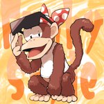 abstract_background anthro clothed clothing cosplay eyewear kerchief male shirt smile solo sunglasses tank_top text topwear minashirazu donkey_kong_(series) nintendo diddy_kong haplorhine mammal monkey primate 1:1