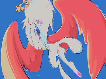 alternative_fashion ambiguous_gender bodily_fluids crying feral flying fur glamfur hair hair_over_eyes red_wings scene_(fashion) scene_haircut sky solo tears white_body white_fur white_hair wings fr34kpet wynter_(fr34kpet) canid canine canis domestic_dog mammal colorful_theme hi_res
