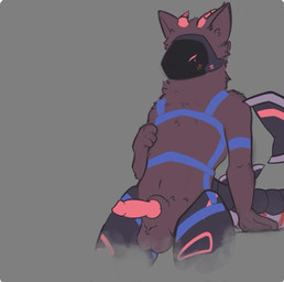 anthro armor balls blush genitals hand_on_belly hand_on_object horn knot knotted_penis machine male penis protogen_shark shark_tail solo anonymous_artist zyphi protogen hi_res