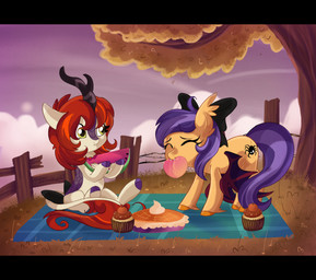 accessory autumn bat_wings black_bars cupcake cutie_mark dessert duo eating eyes_closed fangs female feral fetlocks food fruit fur hair_accessory holding_food holding_object hooves horn mane melon membrane_(anatomy) membranous_wings orange_body orange_fur pastry peach_(fruit) picnic pie plant purple_body purple_mane purple_scales purple_tail red_mane scales tail tan_body teeth tree watermelon wings yellow_eyes spookyle asian_mythology chinese_mythology east_asian_mythology hasbro my_little_pony mythology bat_pony dragon equid kirin mammal mythological_creature mythological_scalie scalie absurd_res hi_res letterbox