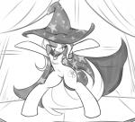 cape chest_tuft clothing cutie_mark eyes_closed female feral fur hat headgear headwear smile solo tuft wizard_hat reiduran friendship_is_magic hasbro my_little_pony trixie_(mlp) equid equine horse mammal pony 2015 greyscale monochrome