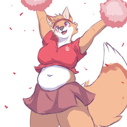 accessory anthro bottomwear cheerleader cheerleader_outfit cheerleader_pose clothed clothing dipstick_tail female grey_nose headband holding_object inner_ear_fluff markings navel open_mouth pink_tongue pom_poms purple_eyes shirt simple_background skirt slightly_chubby slightly_chubby_anthro slightly_chubby_female solo tail tail_markings tan_inner_ear_fluff tongue topwear tuft white_background hidenafox canid canine fox mammal 1:1 hi_res shaded