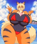 anthro anthrofied arcanine barely_contained barely_contained_breasts between_breasts big_breasts bikini black_body black_fur blonde_hair breasts bulging_breasts camel_toe cetacean clothing cloud day dolphin drinking dutch_angle female fenrir_brown feral fur generation_1_pokemon gesture hair hand_gesture hi_res huge_breasts looking_at_viewer mammal marine micro_bikini navel nintendo nipple_outline orange_body orange_fur outside pokemon pokemon_(species) pokemorph presenting red_bikini red_clothing red_swimwear sea short_hair skindentation sky solo swimwear tail thick_thighs toothed_whale triangle_bikini v_sign water wide_hips