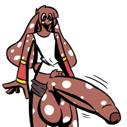anthro arm_warmers armwear balls big_balls big_penis bottomwear bottomwear_down brown_body brown_fur clothed clothing floppy_ears fur genitals huge_balls huge_penis hyper hyper_balls hyper_genitalia hyper_penis male markings partially_clothed penis pubes shirt shorts shorts_down solo spots spotted_body spotted_fur tank_top topwear white_body white_fur dakuterooty lagomorph mammal 1:1 aliasing digital_media_(artwork)