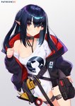 blush clothing collar female humanoid_pointy_ears jacket looking_at_viewer not_furry pointy_ears red_eyes shirt simple_background smile solo topwear white_background ett01024 arknights hypergryph studio_montagne closure_(arknights) humanoid 2020