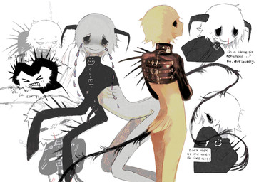 2_horns ambiguous_gender ambiguous_humanoid apology bdsm black_clothing black_eyes black_horn black_shirt black_tail black_text black_topwear blood bodily_fluids bondage bottomless bottomless_ambiguous bottomless_humanoid bound clothed clothing crying feathers fur horn latex latex_clothing latex_shirt latex_straitjacket latex_topwear nervous nervous_smile nosebleed quills_(anatomy) restraints sad shirt simple_background skinny skinny_ambiguous skinny_humanoid slim_ambiguous slim_humanoid solo spiked_clothing spiked_straitjacket spikes straitjacket sweat tail tan_body tan_fur tears text topwear white_background yellow_body yellow_feathers yellow_fur jejejunum mumble_(jejejunum) demon demon_humanoid humanoid tailed_humanoid 2026 digital_drawing_(artwork) digital_media_(artwork) english_description english_text hi_res multiple_images portrait three-quarter_portrait