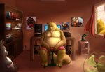 anthro belly brown_body brown_fur detailed_background fur humanoid_hands inside male moobs nipples overweight overweight_anthro overweight_male plushie sitting solo henjikotetsu ghibli my_neighbor_totoro totoro canid canine mammal raccoon_dog tanuki 2016 hi_res