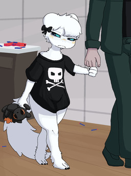 anthro anthro_focus bangs black_clothing black_ribbon black_shirt black_t-shirt black_topwear blush bottomless bottomless_anthro bow_ribbon clothed clothing duo eye_bags faceless_character faceless_human faceless_male female female_anthro female_focus hair hand_holding holding_finger larger_human larger_male male male/female male_human plushie shirt short_hair size_difference skull_and_crossbones smaller_anthro smaller_female solo_focus t-shirt topwear commonbleat casualties:_unknown hasbro nerf_(toy) expie_(gunsawian) gunsawian human mammal milky_(gunsawian) aliasing binary_drawing digital_drawing_(artwork) digital_media_(artwork) hi_res