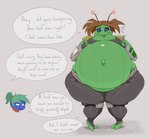 anthro belly big_belly blush breasts butt clothed clothing cupping_breasts dialogue duo female hair huge_belly hyper hyper_belly hyper_pregnancy looking_at_viewer pregnancy_transfer pregnant pregnant_anthro pregnant_female rapid_pregnancy simple_background text transfer_birthing susfishous alien alien_humanoid animal_humanoid humanoid comic digital_media_(artwork) english_text