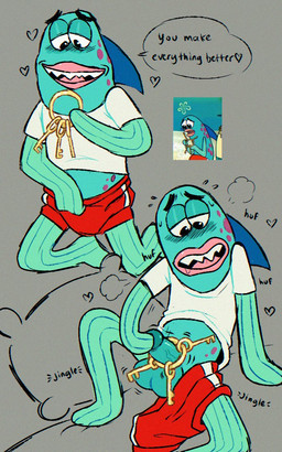 a anthro balls black_eyebrows black_text blue_arms blue_balls blue_body blue_fin blue_head blue_legs blue_penis blue_skin blush blush_lines bodily_fluids bottomwear breath clothed clothing drooling eyebrows fin_arms genitals grey_background grey_speech_bubble heart_symbol holding_key holding_object key lips male no_underwear objectophilia open_mouth panting penis pillow pink_lips purple_spots raised_leg red_bottomwear red_clothing red_shorts red_swimming_trunks red_swimwear saliva sharp_teeth shirt shorts simple_background solo speech_bubble spots swimming_trunks swimwear t-shirt teeth text topwear white_clothing white_shirt white_t-shirt white_topwear vvondermoon nickelodeon spongebob_squarepants incidental_41_(spongebob) fish inanimate_object marine 2023 digital_drawing_(artwork) digital_media_(artwork) english_description english_text meme
