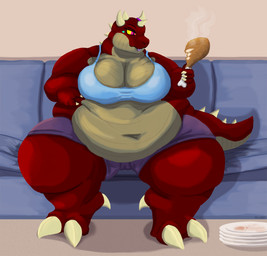 anthro belly belly_pinch big_belly big_breasts bottomwear breasts clothing deep_navel drumstick_(food) eating female food furniture horn huge_breasts huge_thighs magenta_eyes meat navel obese obese_anthro obese_female overweight overweight_anthro overweight_female plate red_body red_scales scales shorts sitting sofa solo thick_thighs tongue tongue_out topwear ventral_scales yellow_sclera neon_lizard if_hell_had_a_taste mythology pepper_crush dragon mythological_creature mythological_scalie scalie 2021 digital_media_(artwork) hi_res