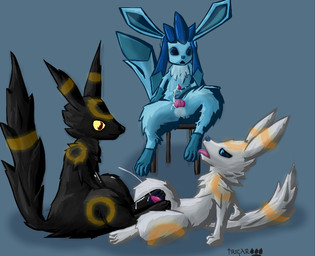 animal_genitalia animal_penis balls black_body black_fur blue_body blue_eyes blue_fur bodily_fluids canine_genitalia canine_penis chair cum cum_on_feet cumshot digitigrade ejaculation erection feet feral feral_on_feral foot_fetish foot_lick foot_play footjob fur furniture genital_fluids genitals group group_sex knot licking male male/male open_mouth orgasm pawpads paws penile penis sex simple_background sitting threesome tongue tongue_out trio two-footed_footjob white_body white_fur yellow_eyes trigaroo nintendo pokemon fan_character trig eeveelution generation_2_pokemon generation_4_pokemon glaceon pokemon_(species) umbreon digital_media_(artwork) shaded
