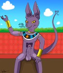 anthro big_penis dialogue genitals jewelry looking_at_viewer male onomatopoeia outside penis public public_nudity sitting solo sound_effects tail text furiousfox dragon_ball dragon_ball_super beerus domestic_cat felid feline felis mammal absurd_res hi_res