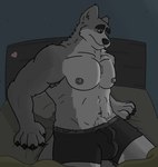 anthro areola arm_support bed bedroom biceps big_hands big_muscles big_pecs biped body_hair boxer_briefs boxers_(clothing) boxers_only bulge chest_hair chest_tuft clothed clothing countershading detailed_background detailed_bulge fur furniture grey_body grey_fur grey_nipples hair happy_trail leaning leaning_backward leaning_on_elbow leaning_on_object lying lying_on_bed male male_anthro mature_anthro mature_male messy_fur messy_hair muscular muscular_anthro muscular_male narrowed_eyes nipples on_bed pawpads paws pecs pubes solo stocky thick_arms tired tired_eyes topless topless_anthro topless_male triceps tuft tufted_fur underwear underwear_only waking_up kodiff_wolff auto_greyruff canid canine canis mammal wolf digital_drawing_(artwork) digital_media_(artwork)
