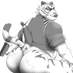 anthro anus butt butt_focus clothed clothing gun knife looking_at_viewer looking_back male male/male partially_clothed presenting presenting_hindquarters ranged_weapon seductive solo stripes weapon semicolon epic_games fortnite fortnite:_battle_royale oscar_(fortnite) felid mammal pantherine tiger 1:1 hi_res monochrome