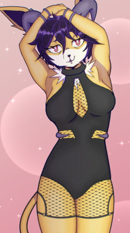 alternative_fashion anthro black_hair clothing female fishnet_clothing fluffy fluffy_hair goth hair horn muscular muscular_arms muscular_female neck_tuft nephele_the_joltedoom red_eyes solo tuft yellow_body artsysaber nintendo pokemon eeveelution generation_1_pokemon generation_2_pokemon houndoom hybrid_pokemon jolteon pokemon_(species)