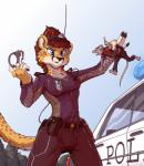 angry anthro auburn_hair belt blue_eyes car clothing cuff_(restraint) day duo electronics extreme_size_difference eye_contact female fur furgonomics gun hair handcuffs handgun hat headgear headwear holding_character holster knife larger_anthro larger_female looking_at_another male markings metal_cuffs micro micro_anthro micro_in_hand microphone motor_vehicle open_mouth outside pinched pistol plant police police_car police_uniform police_vehicle radio ranged_weapon restraints shackles size_difference sky smaller_anthro smaller_male spots spotted_body spotted_fur tree uniform utility_belt vehicle weapon tirrel cheetah_cop_(tirrel) cheetah felid feline mammal murid murine rat rodent 2015 hi_res