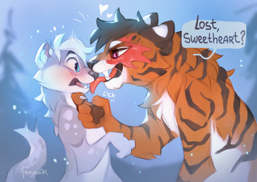 ambiguous_gender anthro biped blush claws countershade_torso countershading duo feral fingers fur hair licking nude nude_ambiguous nude_anthro smile stripes teeth tongue reysi sylvester_(bigfluffypuppy) felid mammal mustelid otter pantherine tiger 2026 digital_drawing_(artwork) digital_media_(artwork)