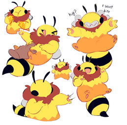 3_fingers 3_toes ambiguous_gender antennae_(anatomy) anthro belly_rub chest_tuft chibi disembodied_hand duo eating eyes_closed feet fingers food fur grin grinning_at_viewer honey_(food) honey_on_hand looking_at_viewer neck_tuft nude open_mouth open_smile pawpads sharp_teeth simple_background smile smiling_at_viewer solo solo_focus stinger teeth text toes tongue tuft wings yellow_body hanaarts arthropod bee hymenopteran insect digital_media_(artwork) english_text sketch