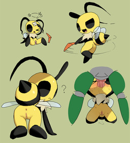 2_antennae abdomen_markings all_fours animal_genitalia animal_penis antennae_(anatomy) anthro anthro_on_anthro anthro_penetrated anthro_penetrating anthro_penetrating_anthro anus arm_support arthropod_abdomen back_wings band-aid band-aid_on_genitals band-aid_on_pussy bandage bandaged_head black_antennae black_arms black_eyes black_legs black_stinger black_stripes blush blush_lines bodily_fluids boomerang butt canine_genitalia canine_penis clitoral_hood closed_frown dripping duo empty_eyes erection exoskeleton faceless_character faceless_male featureless_arms featureless_legs fellatio female female_anthro female_focus female_penetrated frown genital_fluids genitals green_background green_body green_exoskeleton grey_body grey_exoskeleton holding_boomerang holding_object humanoid_genitalia humanoid_vulva insect_wings interspecies kneeling_and_blow_position kneeling_oral_position knot knotted_penis larger_male leaking_pussy_juice looking_at_viewer looking_back looking_back_at_viewer male male/female male_anthro male_penetrating male_penetrating_female motion_lines mouth_closed multicolored_abdomen multicolored_body multicolored_exoskeleton one_eye_closed open_:3 open_mouth open_smile oral oral_penetration orange_anus orange_blush orange_vulva penetration penile penile_penetration penis penis_in_mouth pink_anus pink_penis pink_tongue question_mark ruff saliva saliva_on_chin saliva_on_face saliva_on_own_chin saliva_on_penis saliva_string sex simple_background sitting size_difference smaller_penetrated smile solo solo_focus spread_legs spreading stinger striped_abdomen stripes stunned sweat sweaty_face tongue translucent translucent_wings two_tone_abdomen two_tone_body two_tone_exoskeleton vaginal_fluid_drip vaginal_fluid_string vaginal_fluids vaginal_fluids_on_ground vulva wings yellow_abdomen yellow_body young young_anthro young_female young_penetrated tosx bug_fables moonsprout_games kabbu_(bug_fables) vi_(bug_fables) arthropod bee beetle hymenopteran insect rainbow_scarab_beetle 2025 digital_media_(artwork) multiple_images