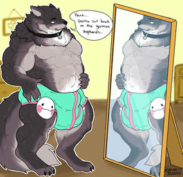 abs anthro belly big_bulge bodily_fluids bulge clothing collar detailed_bulge exhausted flexing flexing_bicep flexing_both_biceps fur green_clothing green_eyes grey_body grey_fur hand_on_belly male mask mirror mirror_reflection musclegut muscular muscular_male one_eye_closed pecs reflection sharp_teeth simple_background slightly_chubby slightly_chubby_male solo sweat sweatdrop tall teeth text tongue underwear vein veiny_arms white_body white_fur wink khrunkisillegal canid canine canis mammal maned_wolf wolf english_text