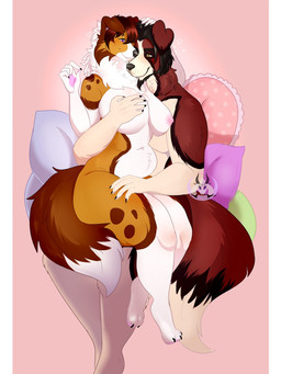 anthro anthro_on_anthro belly black_body black_fur black_hair breasts brown_body brown_fur brown_hair duo fangs female fluffy fluffy_tail fur hair love male male/female multicolored_body multicolored_fur nipples purple_eyes romantic romantic_ambiance romantic_couple simple_background slightly_chubby slightly_chubby_female smile tail teeth white_body white_fur yellow_eyes devyshirehell canid canine canis domestic_dog mammal 3:4 hi_res pillarbox