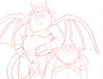 beard belly bulge clothing duo facial_hair harness horizontal_pupils horn long_beard long_mustache male mature_male mustache nipples overweight pupils underwear wings smokey_(artist) demon humanoid imp hi_res