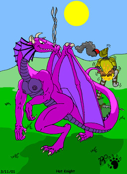 anthro armor breasts clothed clothed_male clothing day duo female fire genitals grass horn male melee_weapon membrane_(anatomy) membranous_wings nipples nude nude_female outside plant purple_body purple_scales scales smoke sun sword vulva weapon wings kthanid_(artist) mythology dragon mythological_creature mythological_scalie scalie 2001